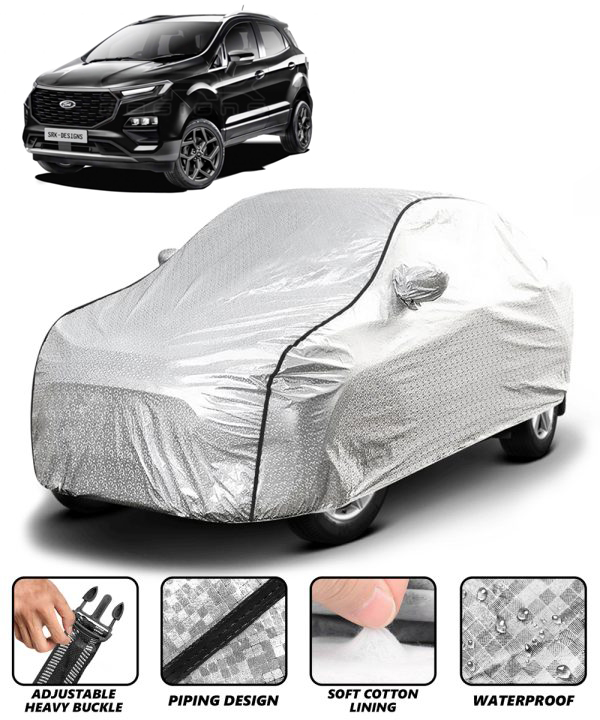 Carzex Waterproof & Heat Resistant Metallic Silver With Black Border Car Body Cover with Mirror & Antenna Pockets For Ford Ecosports New